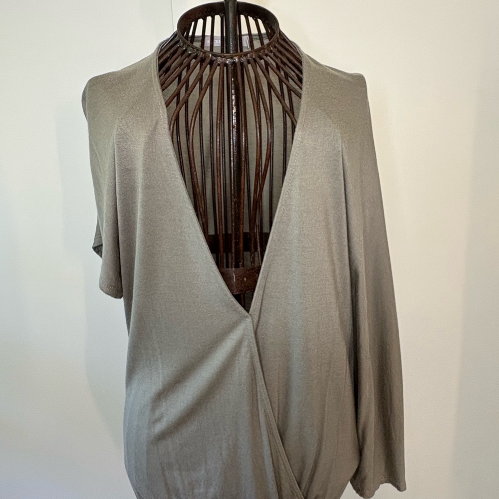 Tan Asymmetrical Wrap Blouse with Cap and 3/4 Sleeves